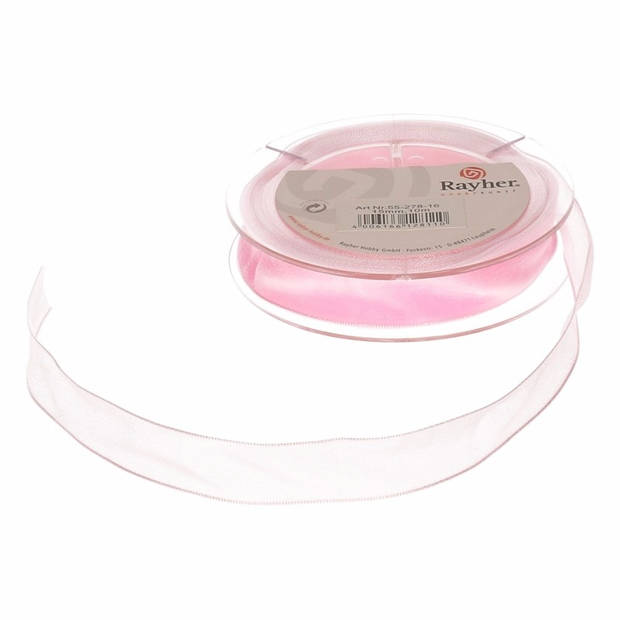 Rayher Hobby decoratie organza sierlint - roze - 1,5 cm/15 mm x 10 meter - Cadeaulint satijnlint - Cadeaulinten