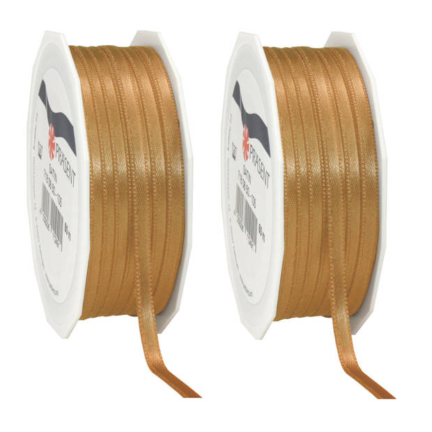 2x Luxe hobby/decoratie gouden satijnen sierlinten 0,6 cm/6 mm x 50 meter - Cadeaulinten