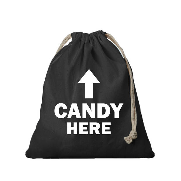 1x Katoenen Halloween tasje Candy Here zwart 25 x 30 cm - cadeauverpakking feest