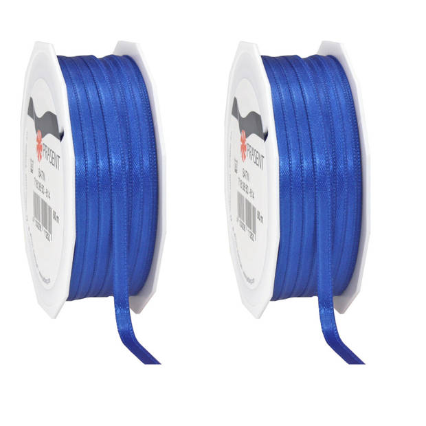 2x Luxe blauwe satijnen lint rollen 0,6 cm x 50 meter cadeaulint verpakkingsmateriaal - Cadeaulinten