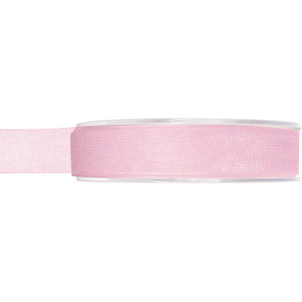 2x Roze organzalint rollen 1,5 cm x 20 meter cadeaulint verpakkingsmateriaal - Cadeaulinten
