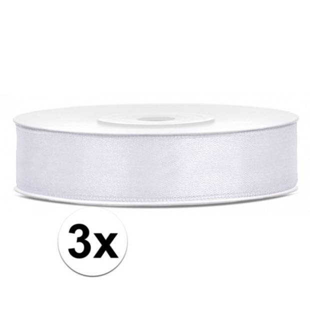 3x Witte satijnlinten op rol 1,2 cm x 25 meter cadeaulint verpakkingsmateriaal - Cadeaulinten
