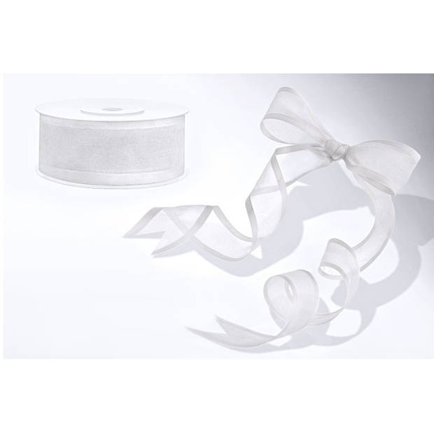 1x Witte chiffonlint rol 2,5 cm x 25 meter cadeaulint verpakkingsmateriaal - Cadeaulinten