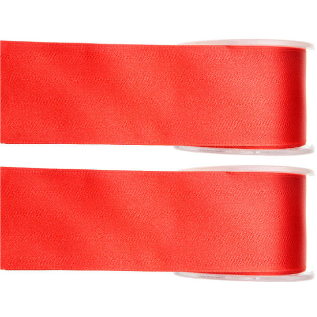 2x Rode satijnlint rollen 2,5 cm x 25 meter cadeaulint verpakkingsmateriaal - Cadeaulinten