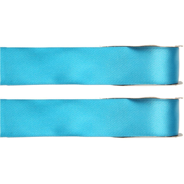 2x Turquoise satijnlint rollen 1,5 cm x 25 meter cadeaulint verpakkingsmateriaal - Cadeaulinten