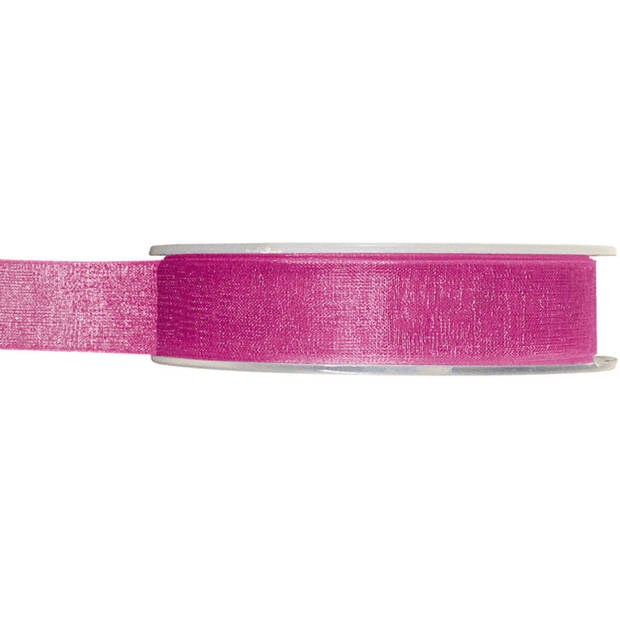 2x Fuchsia roze organzalint rollen 1,5 cm x 20 meter cadeaulint verpakkingsmateriaal - Cadeaulinten