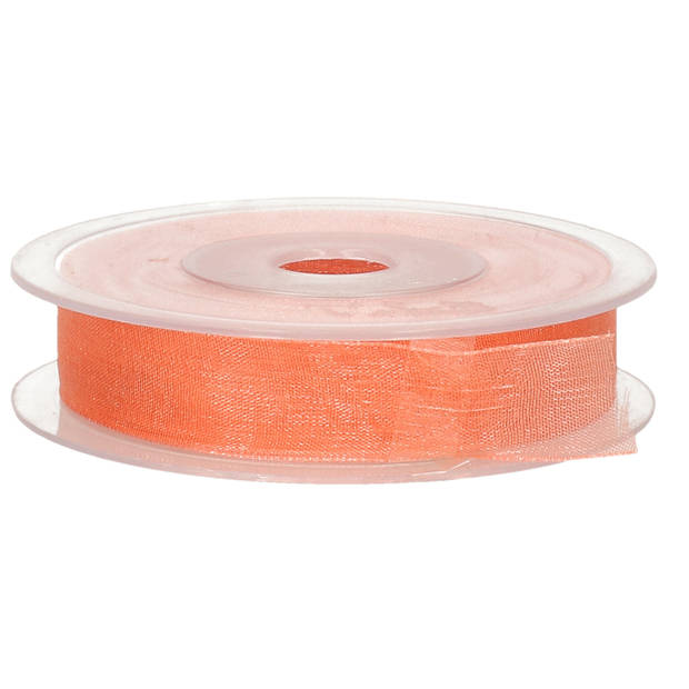 1x Koraal roze organzalint rollen 1,5 cm x 20 meter cadeaulint verpakkingsmateriaal - Cadeaulinten