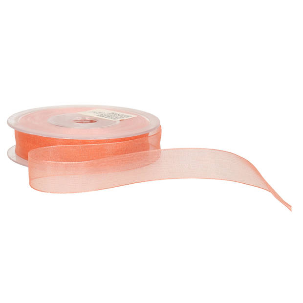 1x Koraal roze organzalint rollen 1,5 cm x 20 meter cadeaulint verpakkingsmateriaal - Cadeaulinten