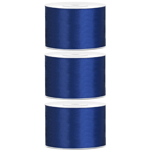 3x Donkerblauwe satijnlint rollen 5 cm x 25 meter cadeaulint verpakkingsmateriaal - Cadeaulinten