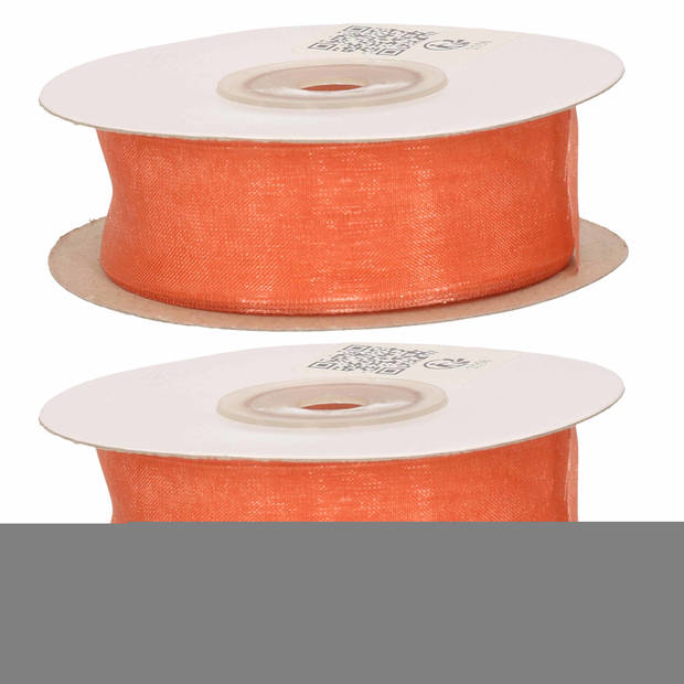 2x Koraal roze organzalint rollen 2,5 cm x 20 meter cadeaulint verpakkingsmateriaal - Cadeaulinten