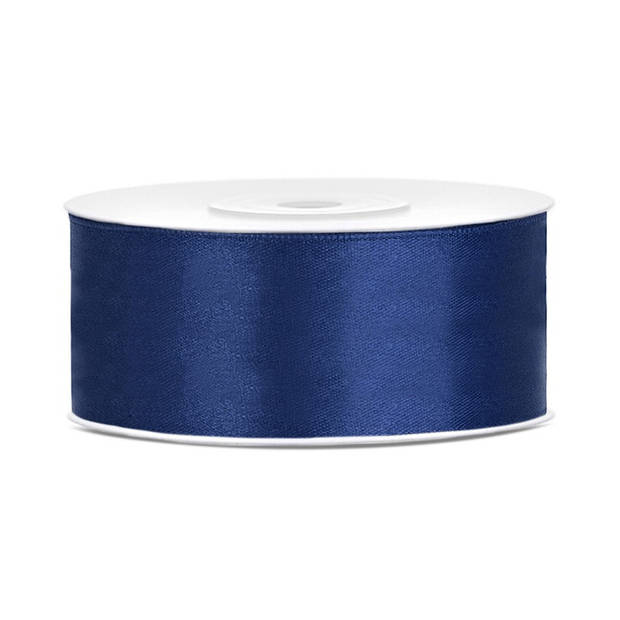 1x Donkerblauwe satijnlint op rol 2,5 cm x 25 meter cadeaulint verpakkingsmateriaal - Cadeaulinten