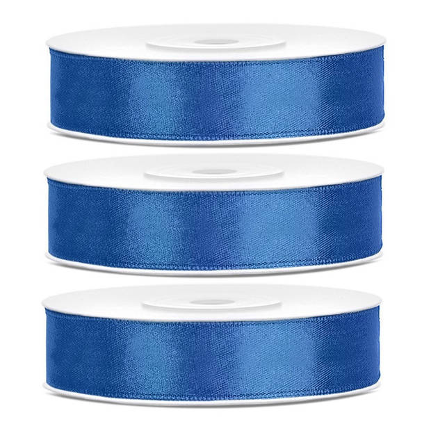 3x Kobaltblauwe satijnlinten op rol 1,2 cm x 25 meter cadeaulint verpakkingsmateriaal - Cadeaulinten