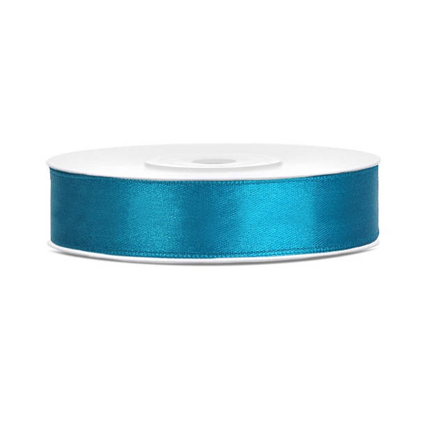 1x Turquoiseblauwe satijnlint rollen 1,2 cm x 25 meter cadeaulint verpakkingsmateriaal - Cadeaulinten