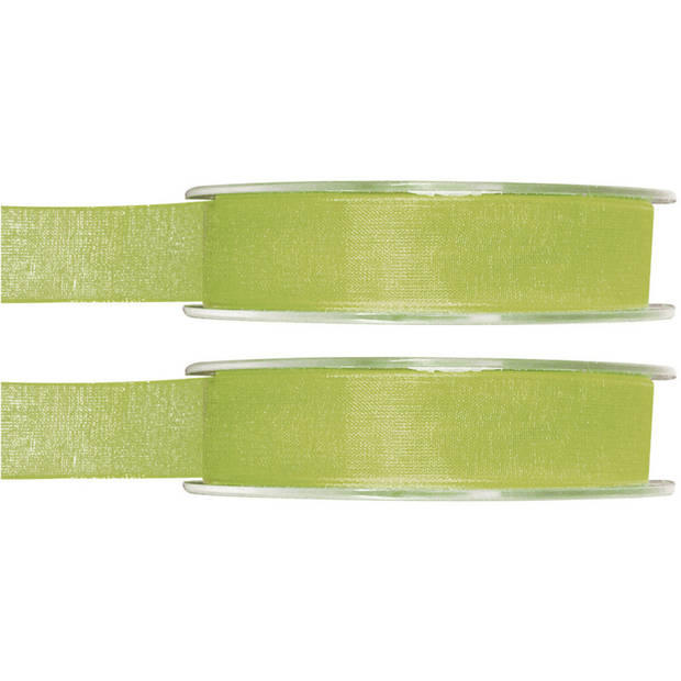 2x Groene organzalint rollen 1,5 cm x 20 meter cadeaulint verpakkingsmateriaal - Cadeaulinten