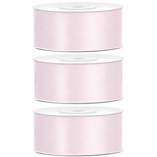 3x Poeder roze satijnlinten op rol 2,5 cm x 25 meter cadeaulint verpakkingsmateriaal - Cadeaulinten