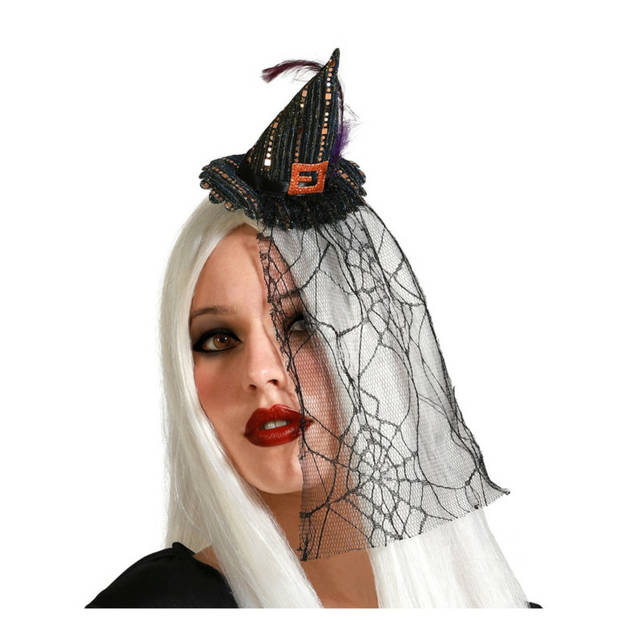 Halloween heksenhoed - mini hoedje op diadeem - one size - zwart - met sluier - meisjes/dames - Verkleedhoofddeksels