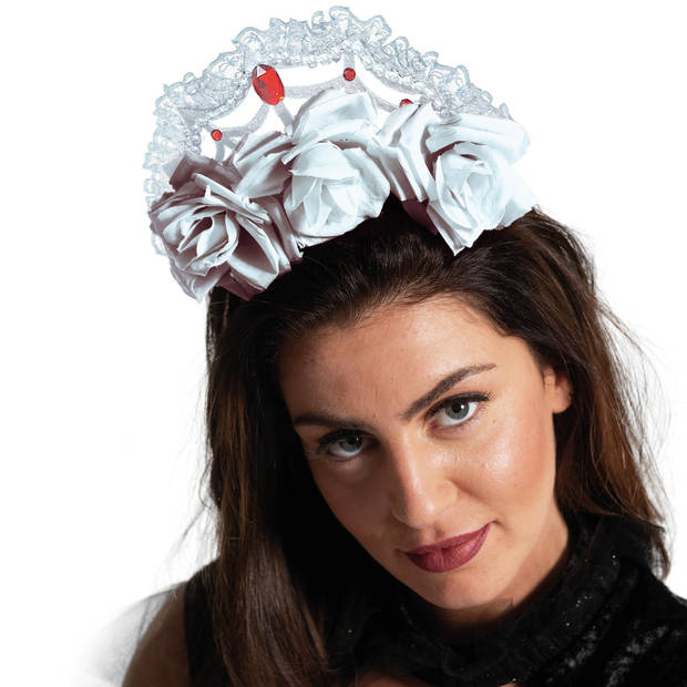 Rozen/bloemen verkleed diadeem/tiara/kroon - wit - kunststof - volwassenen - Verkleedhoofddeksels