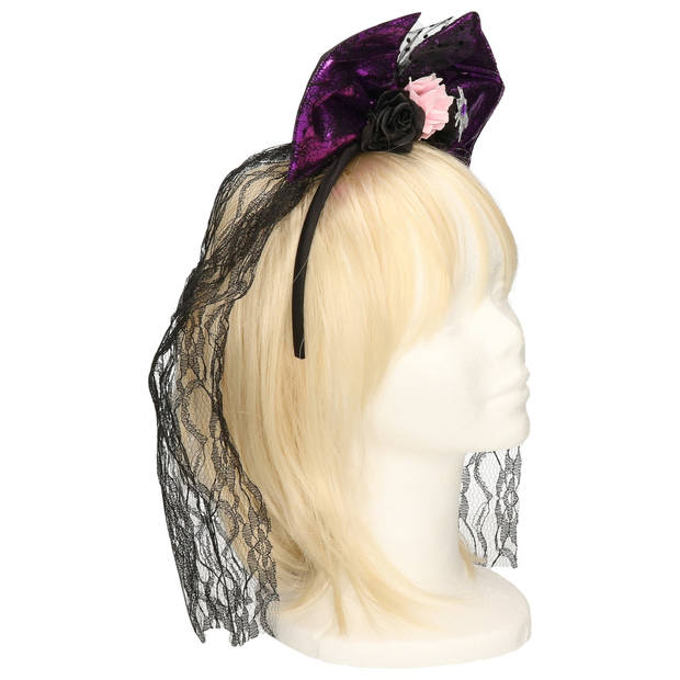 Halloween thema diadeem met strik en sluier - one size - zwart/paars - meisjes/dames - Verkleedhoofddeksels