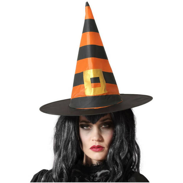 Halloween heksenhoed Stripes - one size - zwart/oranje - meisjes/dames - Verkleedhoofddeksels