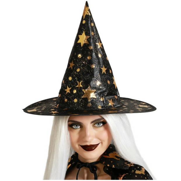 Halloween heksenhoed - met sterren - one size - zwart/goud - meisjes/dames - Verkleedhoofddeksels