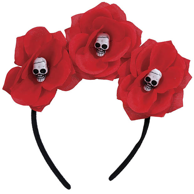 Halloween verkleed diadeem - bloemen en schedels - one size - rood - meisjes/dames - Verkleedhoofddeksels