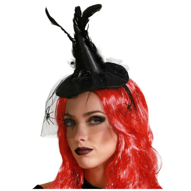 Halloween heksenhoed - mini hoedje op diadeem - one size - zwart - met sluier - meisjes/dames - Verkleedhoofddeksels