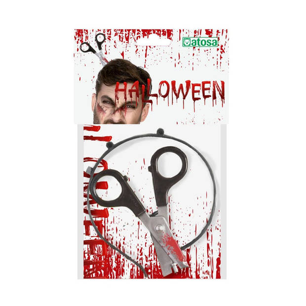 Halloween/horror verkleed hoofdband - dikke pech - schaar in je hoofd - kunststof - Verkleedhoofddeksels