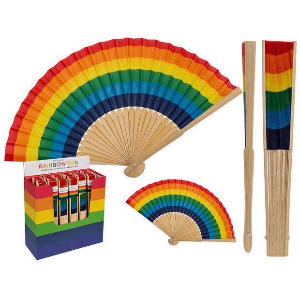 Spaanse hand waaier - Pride/Regenboog thema kleuren - bamboe/papier - 21 cm - Verkleedattributen