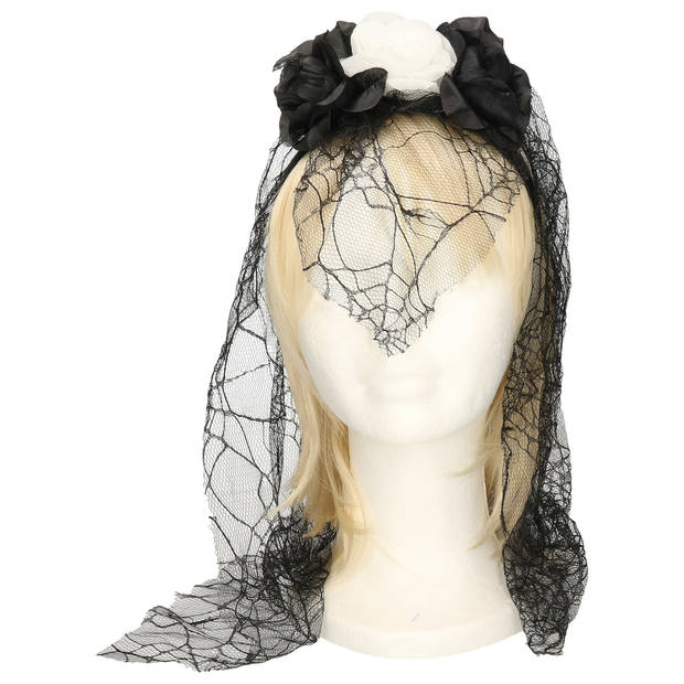 Halloween thema diadeem met bloemen en sluier - one size - zwart/wit - meisjes/dames - Verkleedhoofddeksels