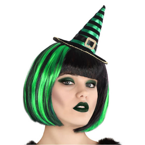 Halloween heksenhoed - mini hoedje op diadeem - one size - zwart/groen - meisjes/dames - Verkleedhoofddeksels