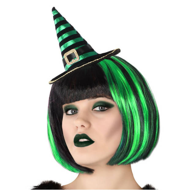 Halloween heksenhoed - mini hoedje op diadeem - one size - zwart/groen - meisjes/dames - Verkleedhoofddeksels