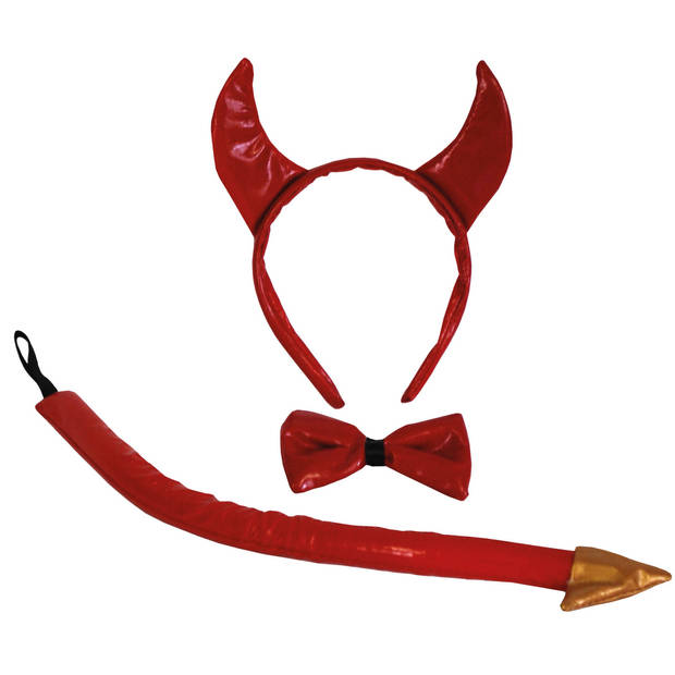 Funny Fashion Duivels verkleed setje - hoorntjes diadeem en staart/strik - rood - verkleed accessoires - Verkleedhoofdde