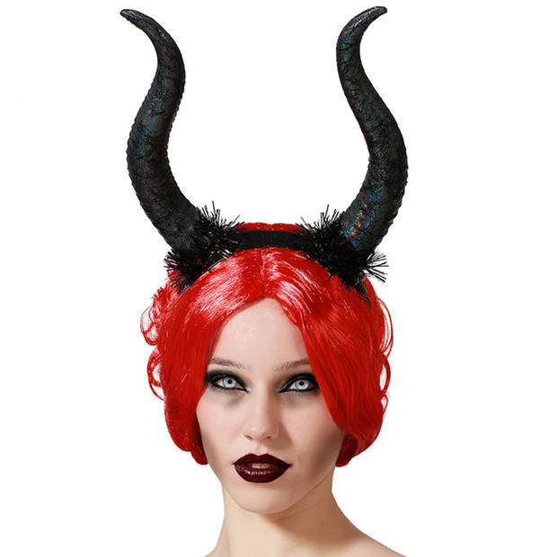 Halloween/horror verkleed diadeem/tiara - grote duivel hoorns - kunststof - dames/meisjes - Verkleedhoofddeksels