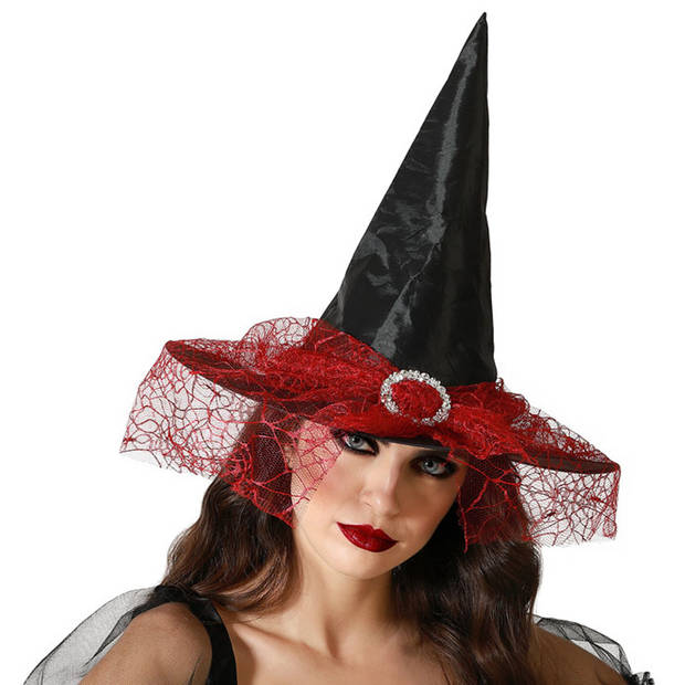 Halloween heksenhoed - met sluier - one size - zwart/rood - meisjes/dames - Verkleedhoofddeksels