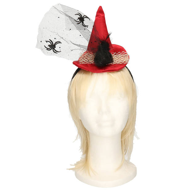 Halloween heksenhoed - mini hoedje op diadeem - one size - rood - meisjes/dames - Verkleedhoofddeksels