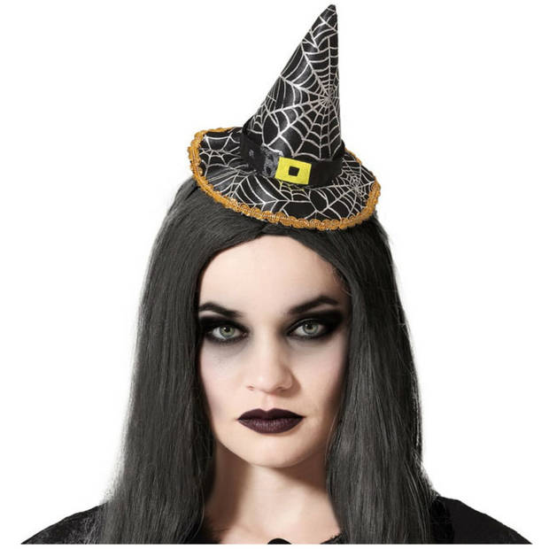 Halloween heksenhoed - mini hoedje op diadeem - one size - zwart/zilver - meisjes/dames - Verkleedhoofddeksels