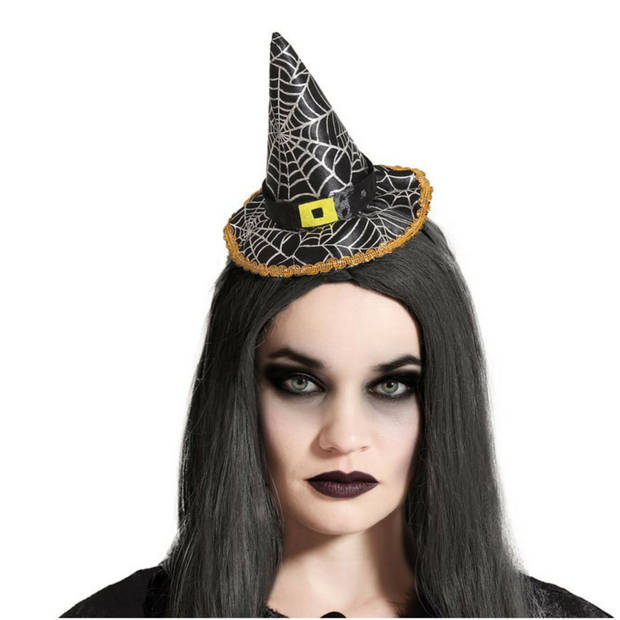 Halloween heksenhoed - mini hoedje op diadeem - one size - zwart/zilver - meisjes/dames - Verkleedhoofddeksels