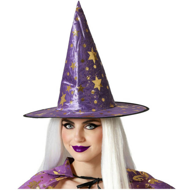 Halloween heksenhoed - met sterren - one size - paars/goud - meisjes/dames - Verkleedhoofddeksels