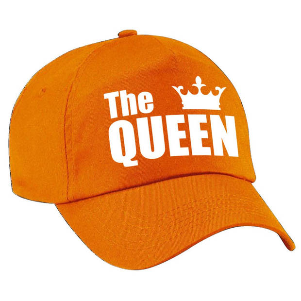 Kadopetten The King en The Queen oranje met witte letters en kroon voor koppels / bruidspaar volwassenen - Verkleedhoofd