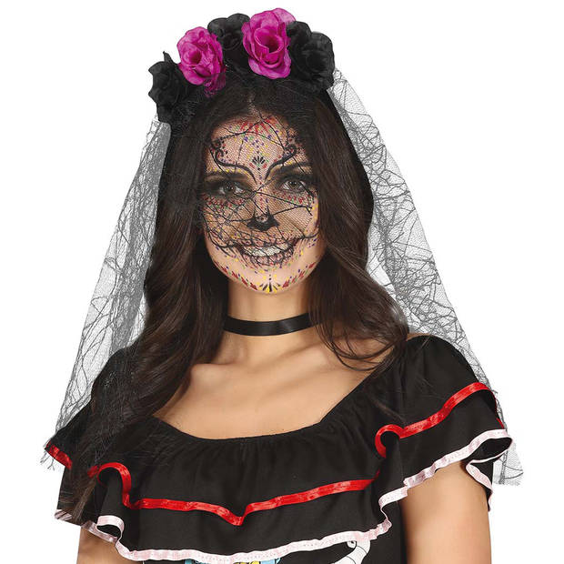 Halloween thema diadeem met bloemen en sluier - one size - zwart/roze - meisjes/dames - Verkleedhoofddeksels