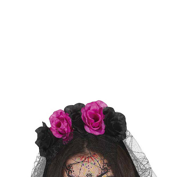 Halloween thema diadeem met bloemen en sluier - one size - zwart/roze - meisjes/dames - Verkleedhoofddeksels