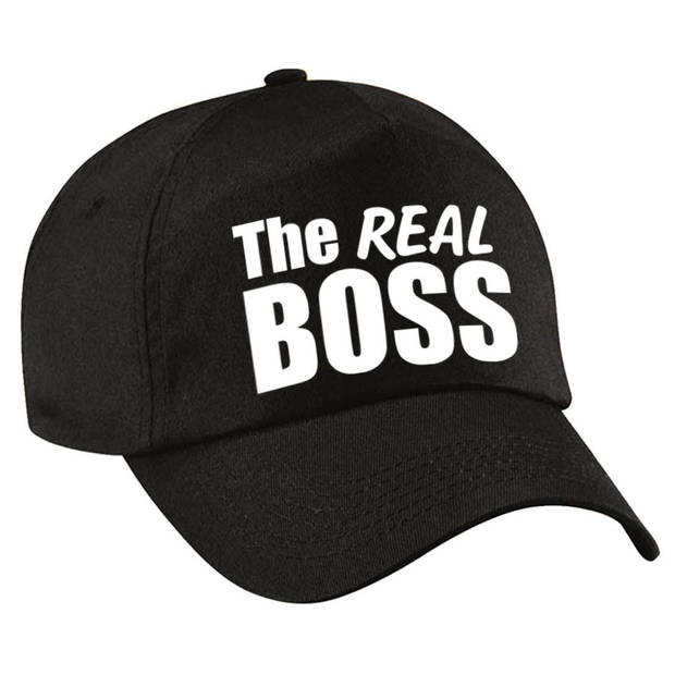 Zwarte kadopetten / cadeau caps The Boss en The real boss met witte tekst koppels / bruidspaar / echtpaar voor volwassen