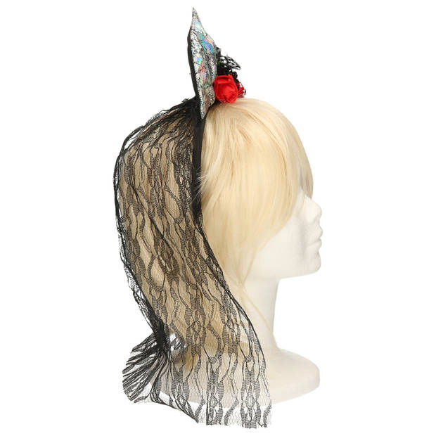 Halloween thema diadeem met bloemen en sluier - one size - zwart/rood - meisjes/dames - Verkleedhoofddeksels