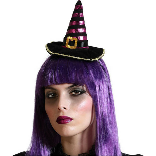 Halloween heksenhoed - mini hoedje op diadeem - one size - zwart/paars - meisjes/dames - Verkleedhoofddeksels