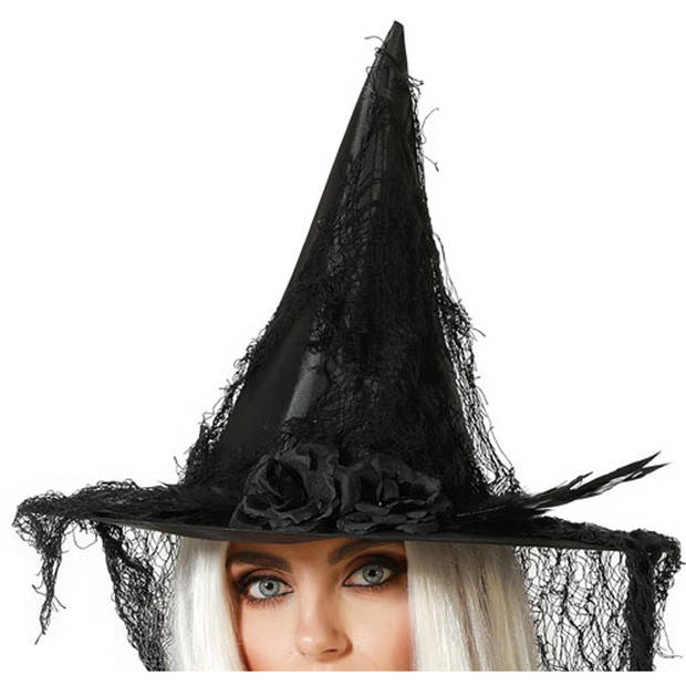 Halloween heksenhoed - met sluier&nbsp; - one size - zwart - meisjes/dames - Verkleedhoofddeksels