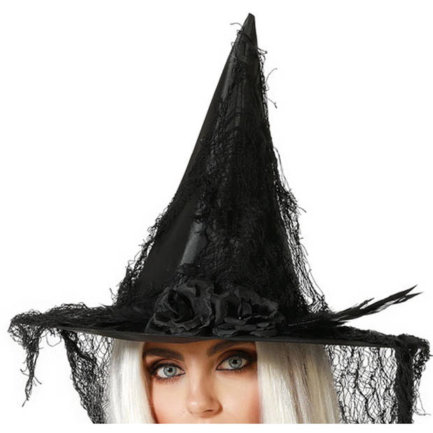 Halloween heksenhoed - met sluier - one size - zwart - meisjes/dames - Verkleedhoofddeksels