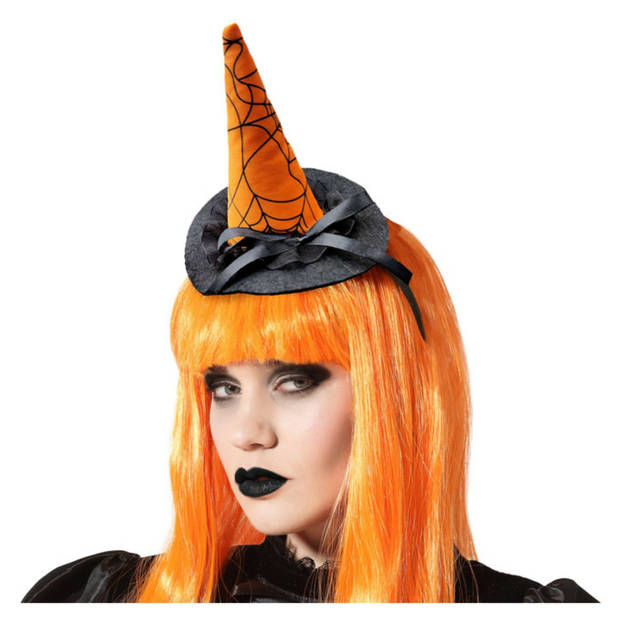 Halloween heksenhoed - mini hoedje op diadeem - one size - zwart/oranje - meisjes/dames - Verkleedhoofddeksels