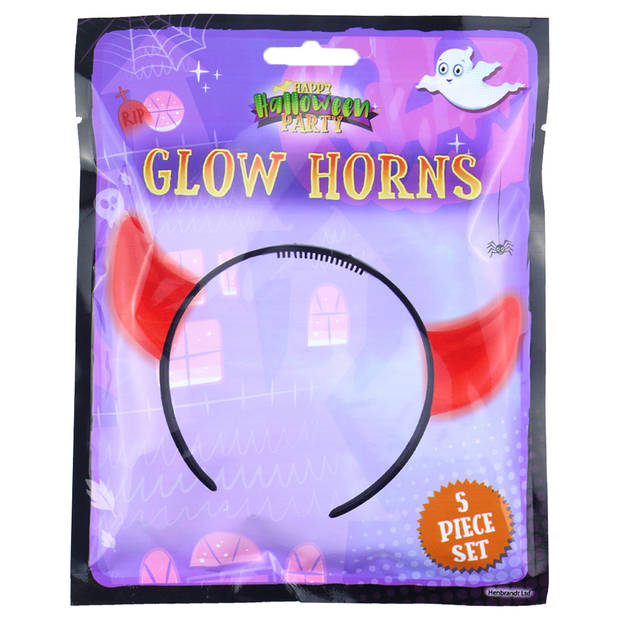 Halloween duivel hoorntjes - glow in the dark - diadeem - rood - kunststof - Verkleedhoofddeksels