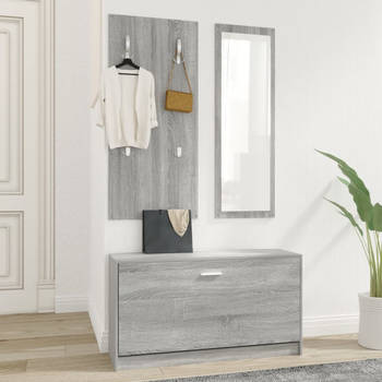 The Living Store Schoenenkast Set - Trendy 3-in-1 - Grijs Sonoma Eiken - 80x27x46.5cm - Met Kapstok en Spiegel