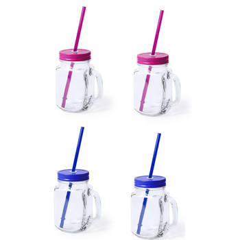 4x stuks drink potjes van glas Mason Jar blauw/roze 500 ml - Drinkbekers